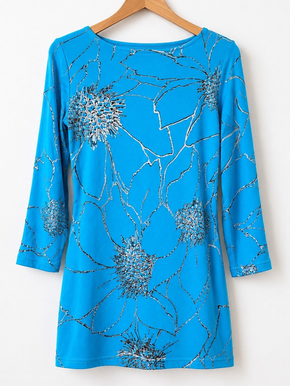 Y2K Cache Turquoise Metallic Floral Sparkle Tunic Top Beaded Size Small
